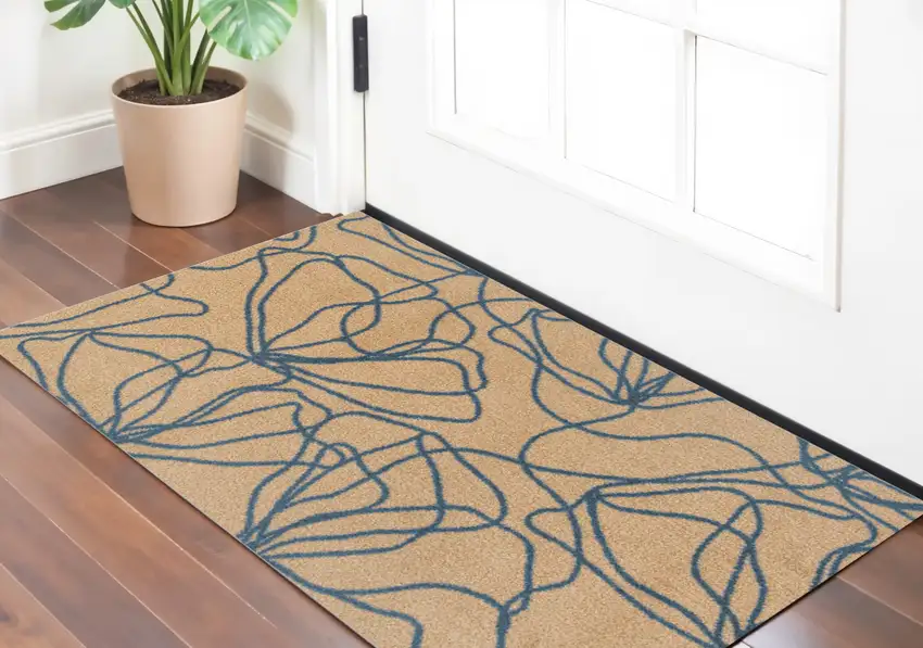 Beige and Blue Floral Washable Non Skid Area Rug With UV Protection Photo 1