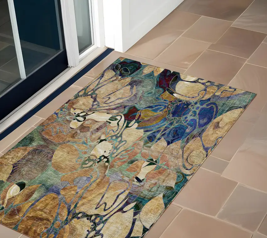 Beige and Blue Abstract Washable Indoor Outdoor Area Rug Photo 1