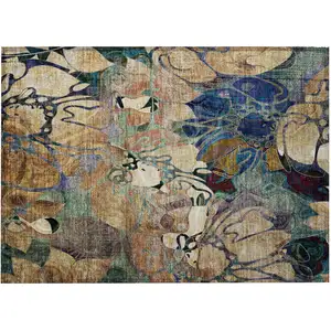 Photo of Beige and Blue Floral Washable Non Skid Indoor Outdoor Area Rug
