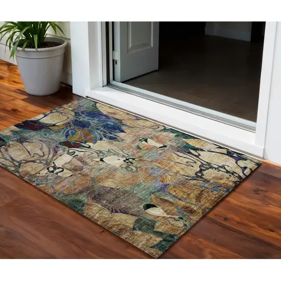 Beige and Blue Abstract Washable Indoor Outdoor Area Rug Photo 1