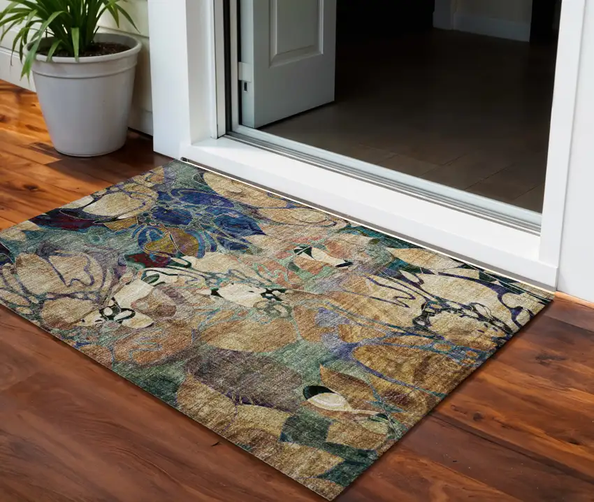 Beige and Blue Abstract Washable Indoor Outdoor Area Rug Photo 1