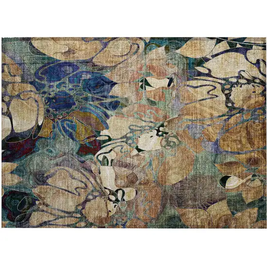 Beige and Blue Abstract Washable Indoor Outdoor Area Rug Photo 2