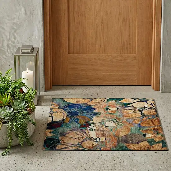 Beige and Blue Abstract Washable Indoor Outdoor Area Rug Photo 1