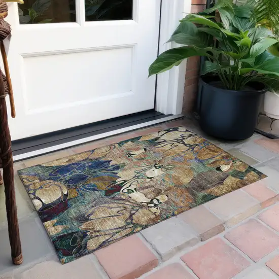 Beige and Blue Abstract Washable Indoor Outdoor Area Rug Photo 9