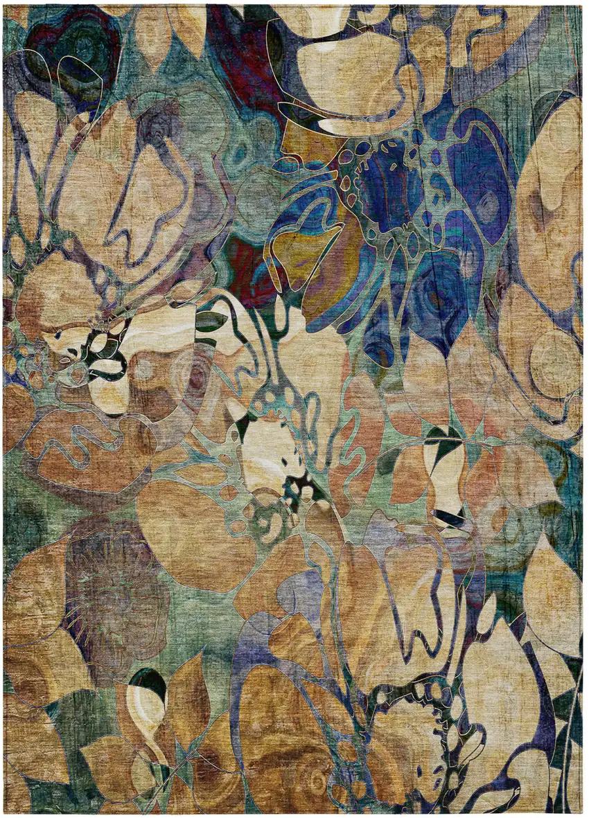 Beige and Blue Abstract Washable Indoor Outdoor Area Rug Photo 2