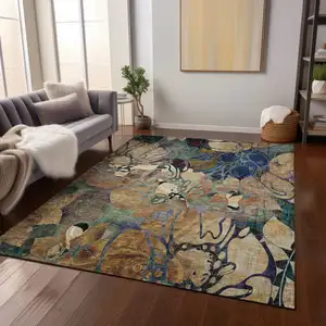 Photo of Beige and Blue Floral Washable Non Skid Indoor Outdoor Area Rug
