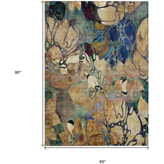 Beige and Blue Abstract Washable Indoor Outdoor Area Rug Photo 8