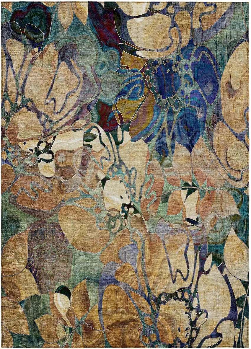 Beige and Blue Abstract Washable Indoor Outdoor Area Rug Photo 2