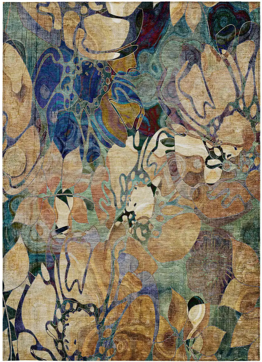 Beige and Blue Floral Washable Non Skid Indoor Outdoor Area Rug Photo 3