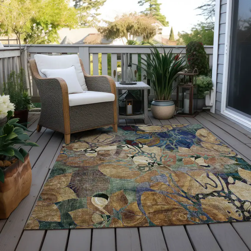 Beige and Blue Abstract Washable Indoor Outdoor Area Rug Photo 9