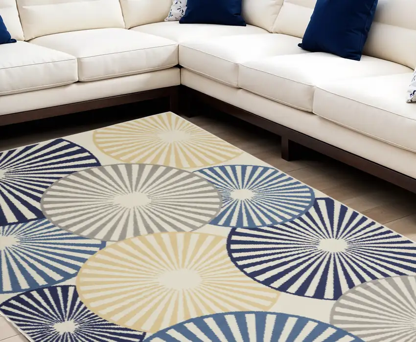 Beige and Blue Geometric Power Loom Area Rug Photo 1