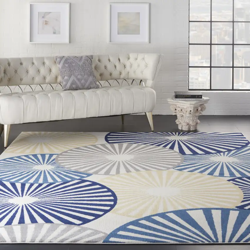Beige and Blue Geometric Power Loom Area Rug Photo 5