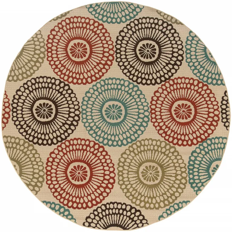 Beige and Blue Medallion Indoor Outdoor Area Rug Photo 1