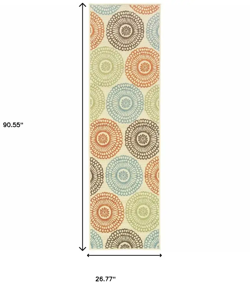 Beige and Blue Medallion Indoor Outdoor Runner Rug Photo 5