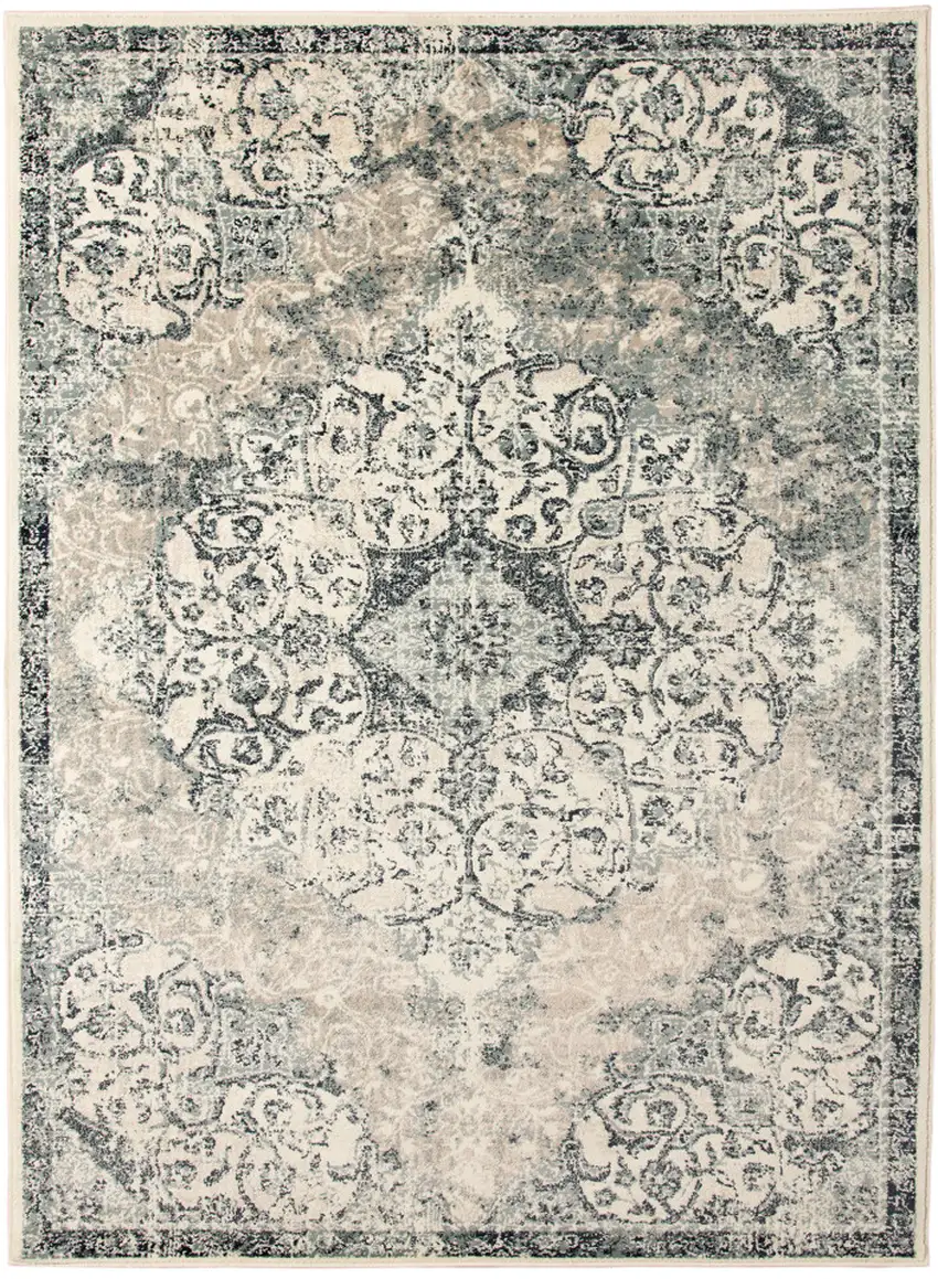 Beige and Blue Medallion Power Loom Area Rug Photo 1