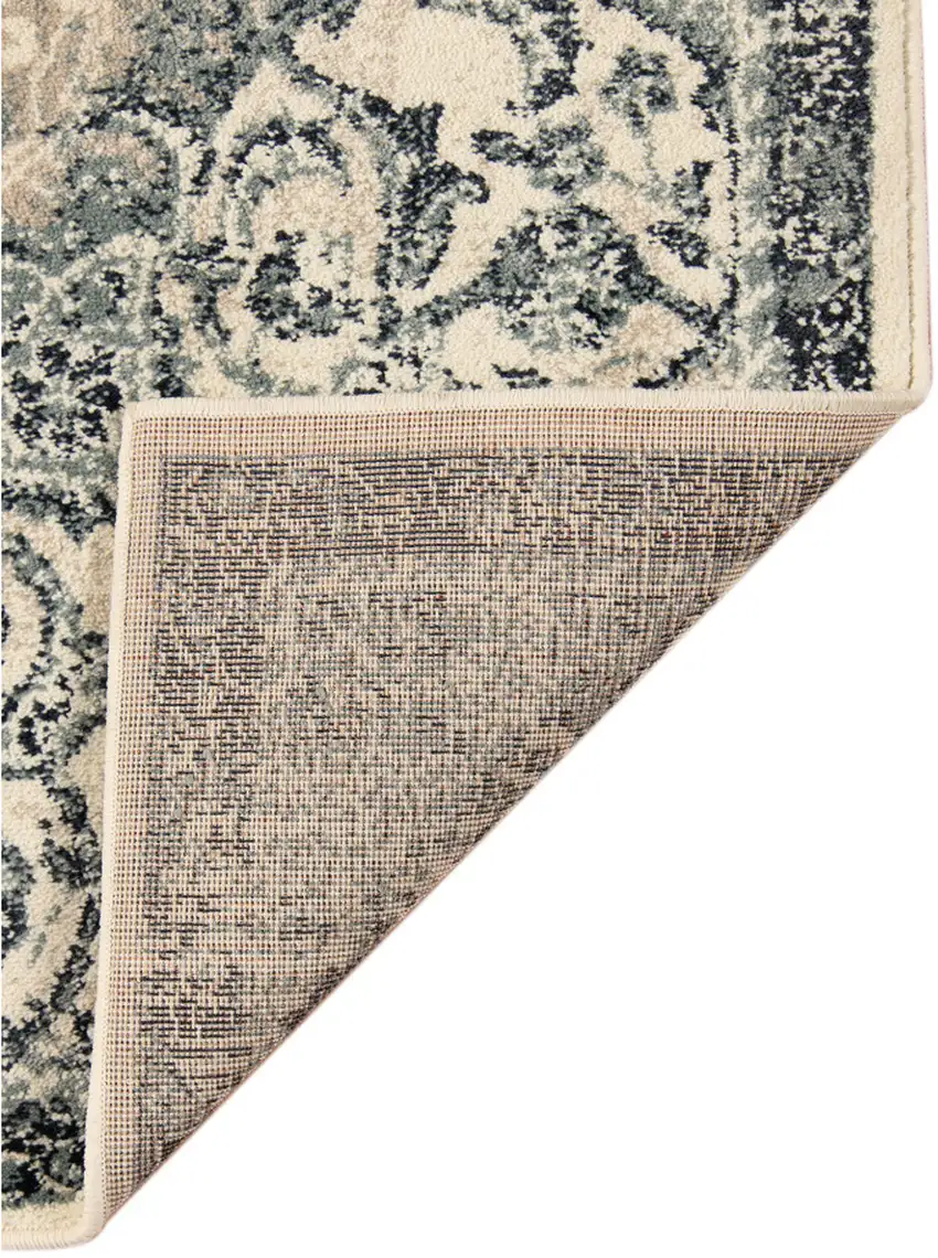 Beige and Blue Medallion Power Loom Area Rug Photo 4