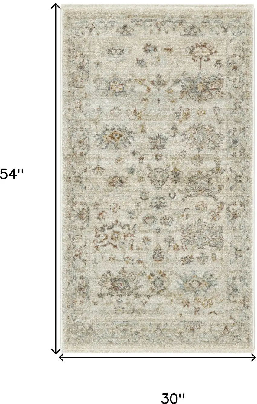 Beige and Blue Oriental Power Loom Distressed Area Rug With Fringe Photo 3