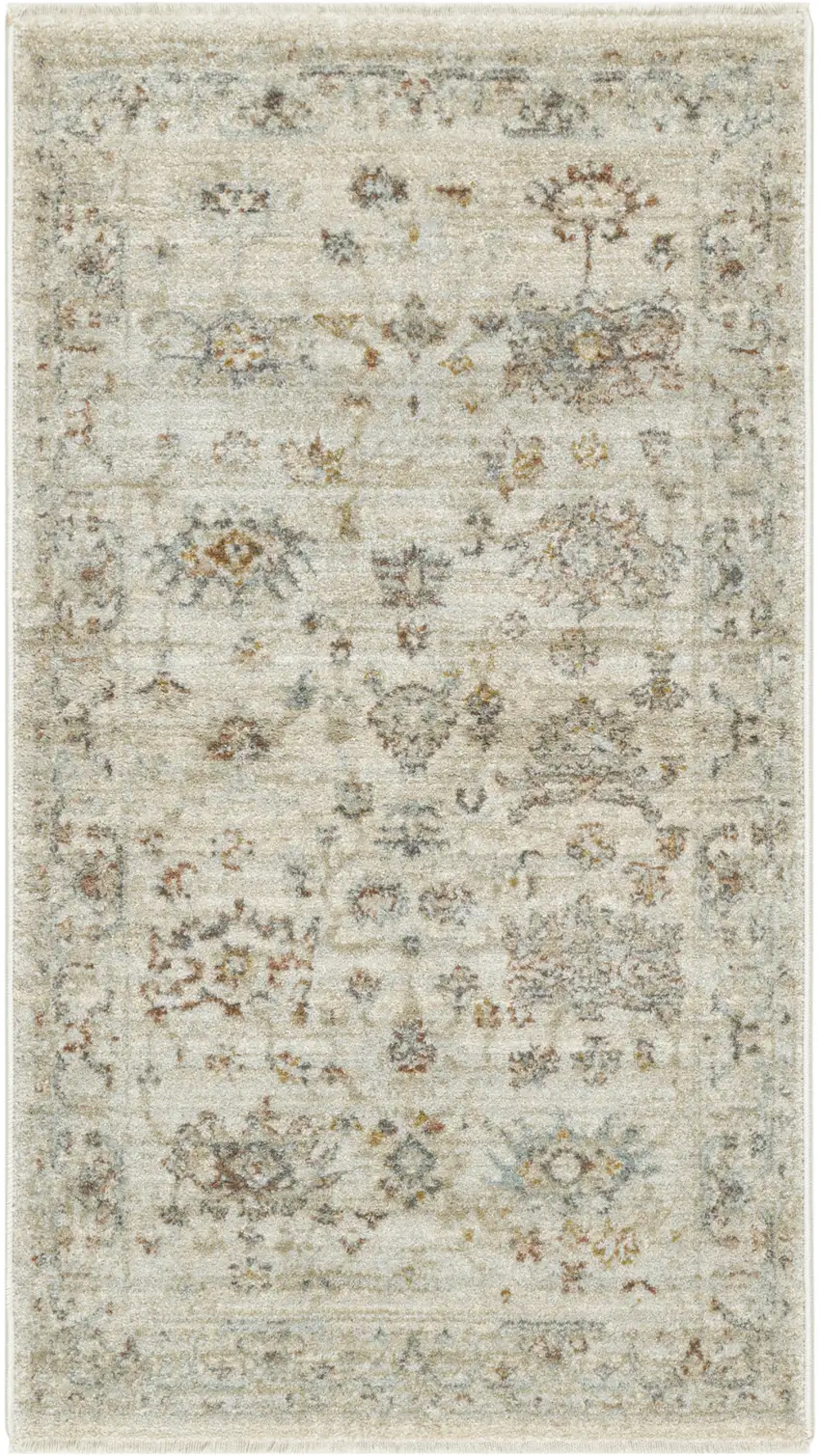 Beige and Blue Oriental Power Loom Distressed Area Rug With Fringe Photo 2