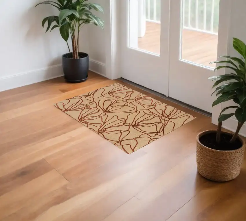 Beige and Bronze Abstract Floral Washable Area Rug With UV Protection Photo 1