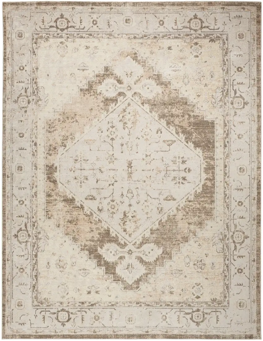 Beige and Bronze Floral Power Loom Distressed Area Rug Photo 6