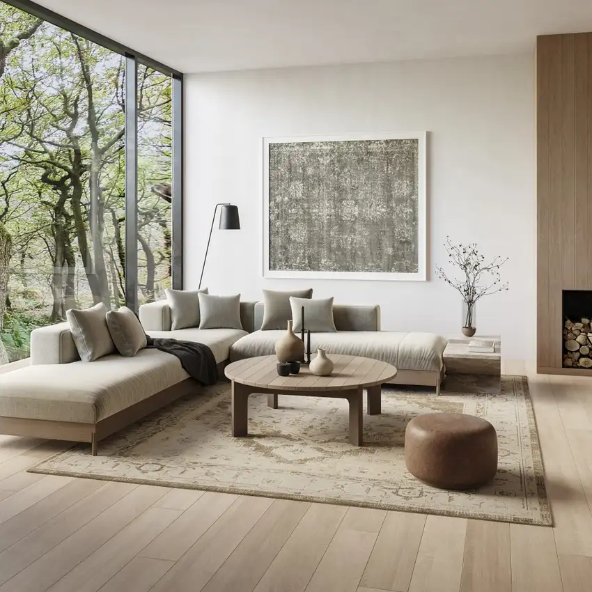 Beige and Bronze Floral Power Loom Distressed Area Rug Photo 4