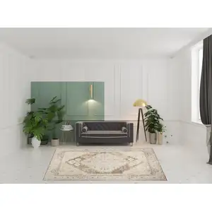 Photo of Beige and Bronze Floral Power Loom Distressed Area Rug