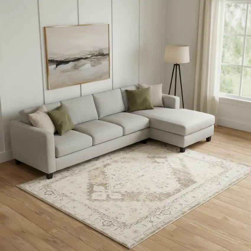 Beige and Bronze Floral Power Loom Distressed Area Rug Photo 1