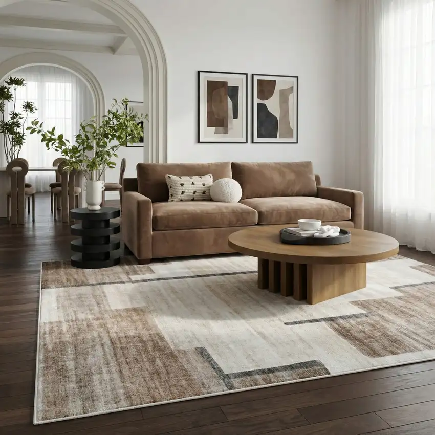 Beige and Brown Abstract Area Rug Photo 7