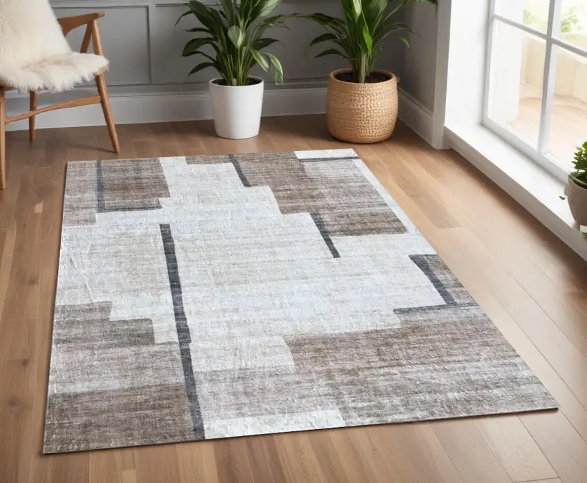 Beige and Brown Abstract Area Rug Photo 5
