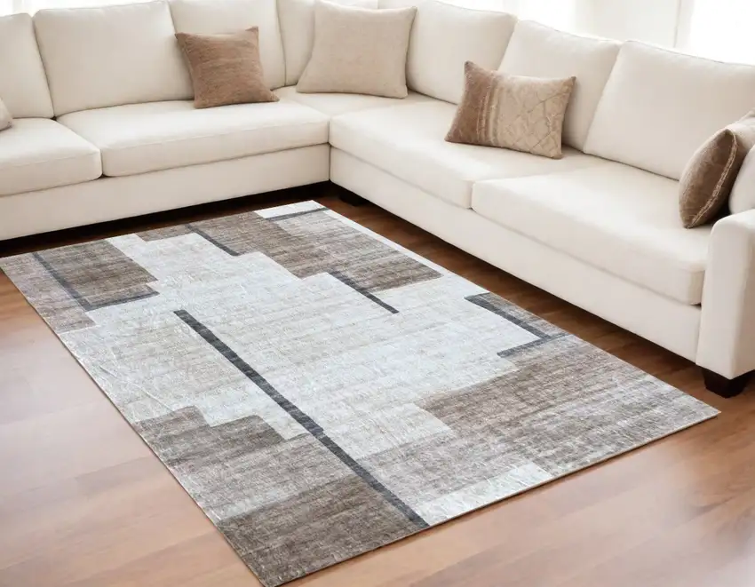 Beige and Brown Abstract Area Rug Photo 5