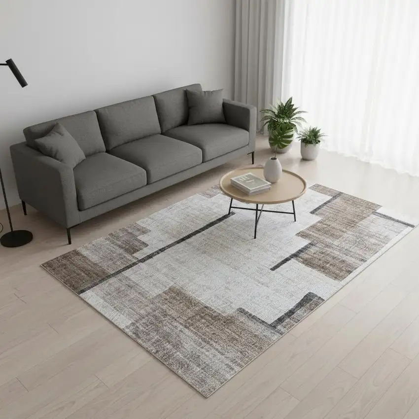 Beige and Brown Abstract Area Rug Photo 1