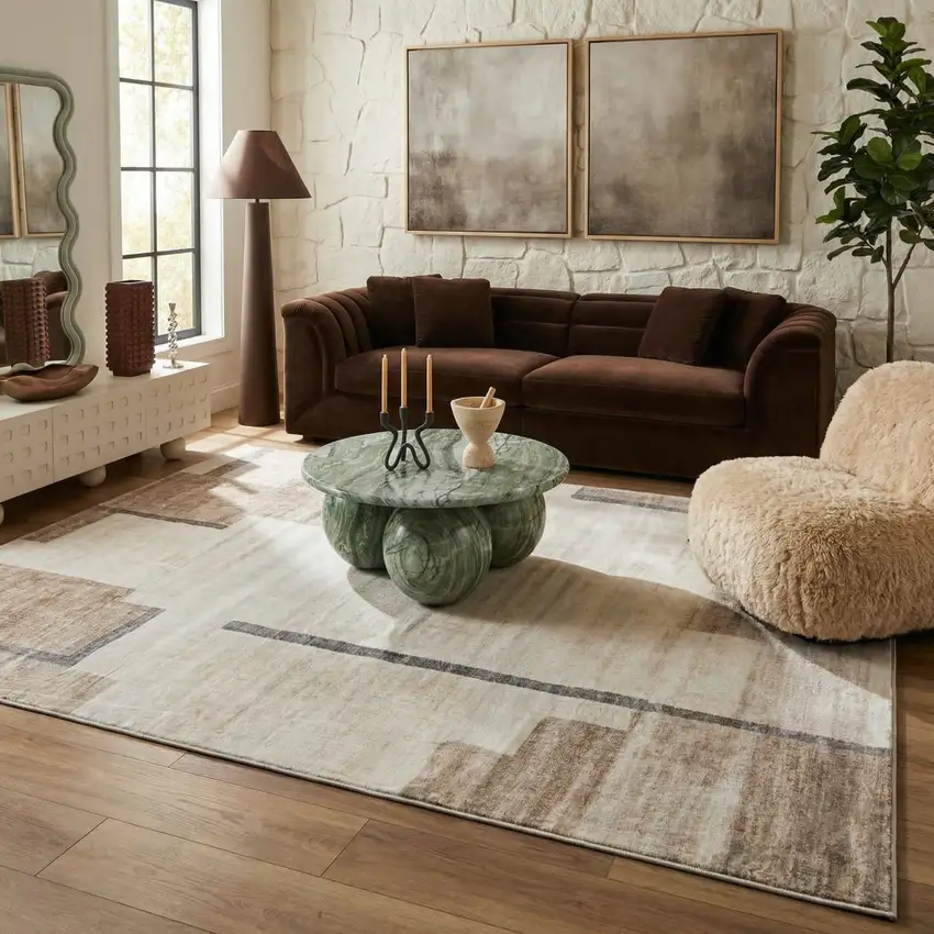 Beige and Brown Abstract Area Rug Photo 6