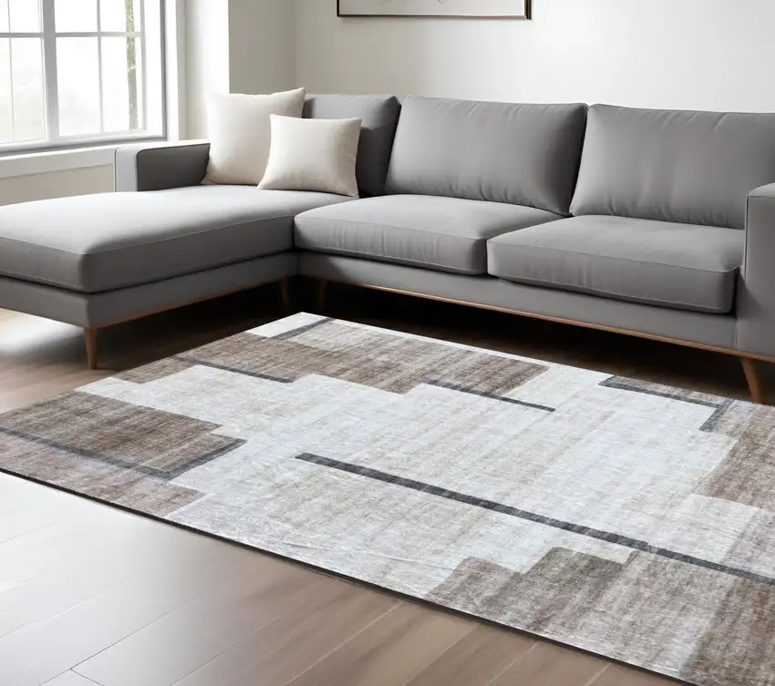 Beige and Brown Abstract Area Rug Photo 5
