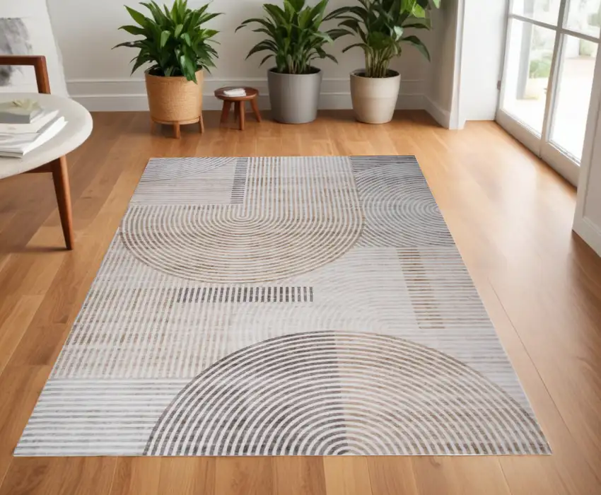 Beige and Brown Abstract Distressed Area Rug Photo 1