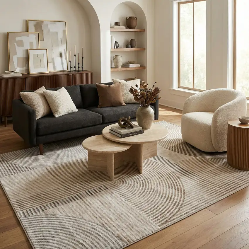 Beige and Brown Abstract Distressed Area Rug Photo 5