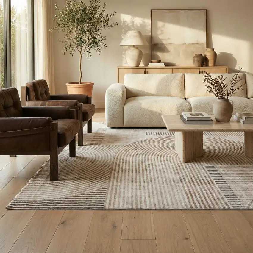 Beige and Brown Abstract Distressed Area Rug Photo 6