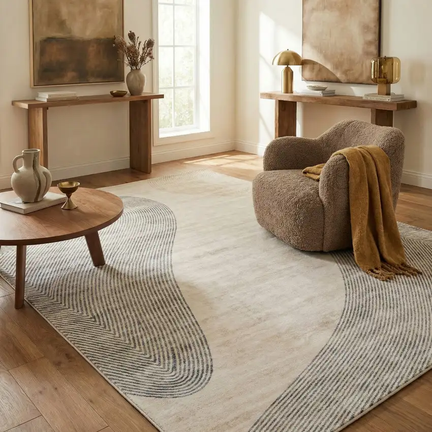 Beige and Brown Abstract Distressed Area Rug Photo 5