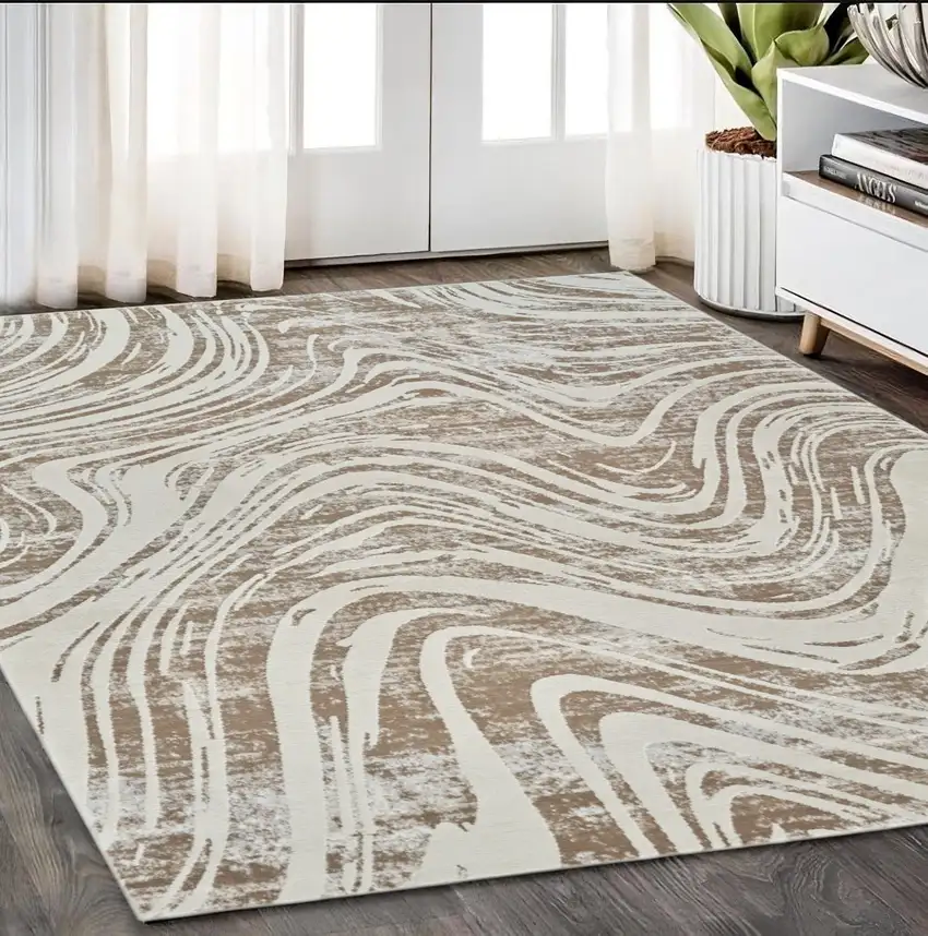 Beige and Brown Abstract Distressed Area Rug Photo 1