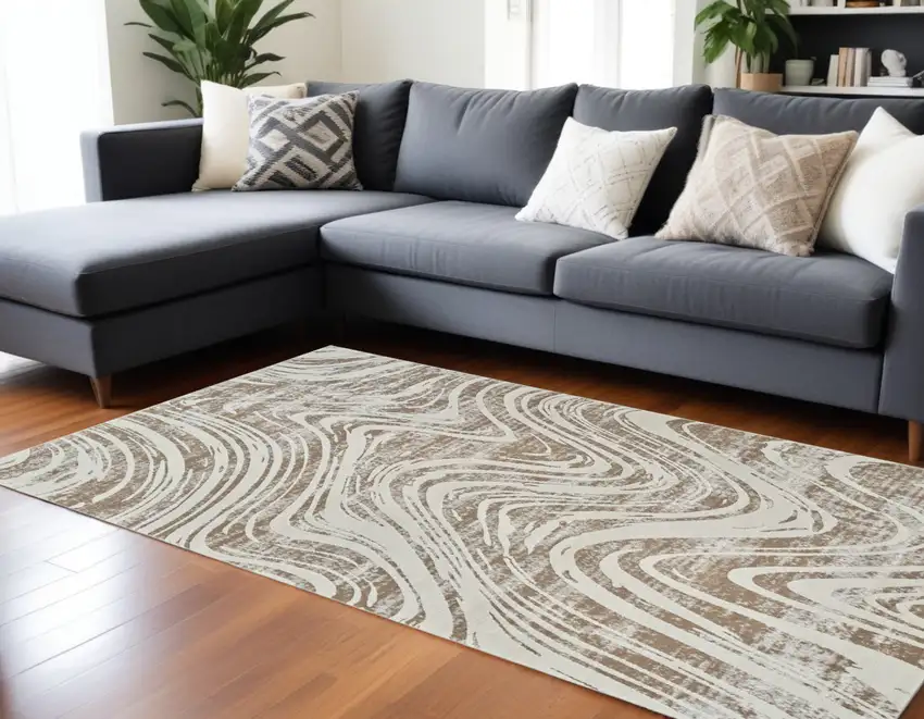 Beige and Brown Abstract Distressed Area Rug Photo 2