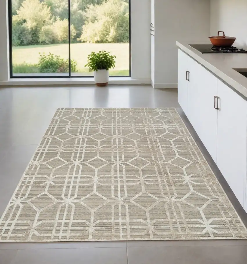 Beige and Brown Abstract Distressed Area Rug Photo 1