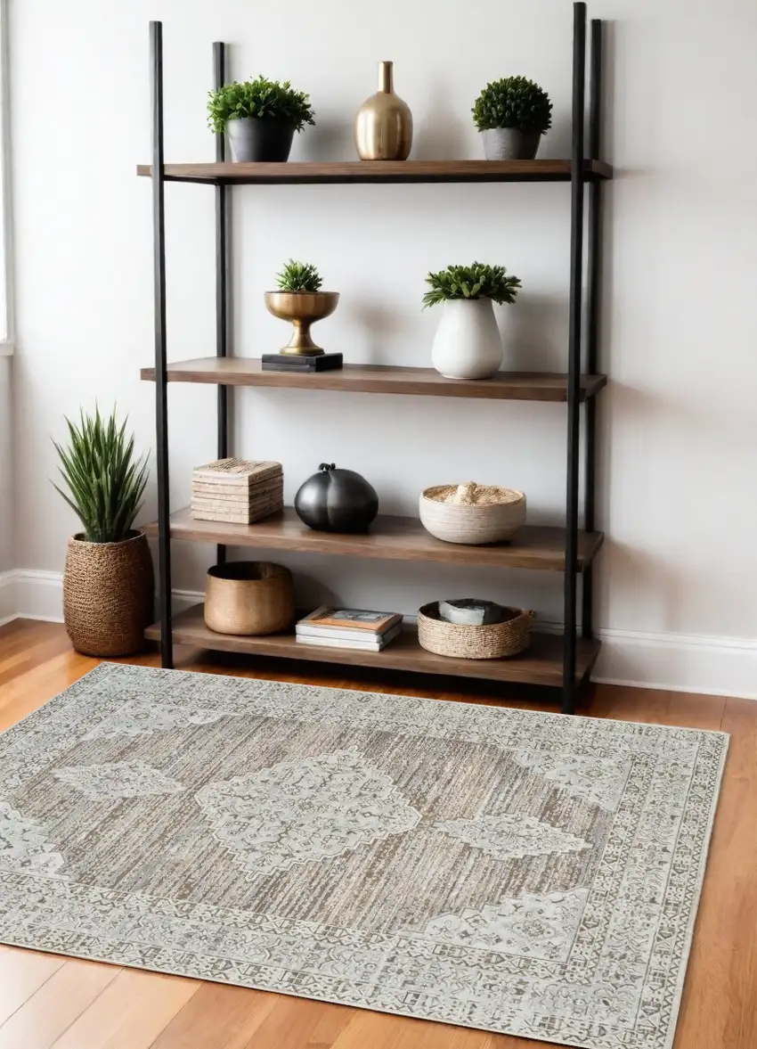 Beige and Brown Abstract Distressed Area Rug Photo 1