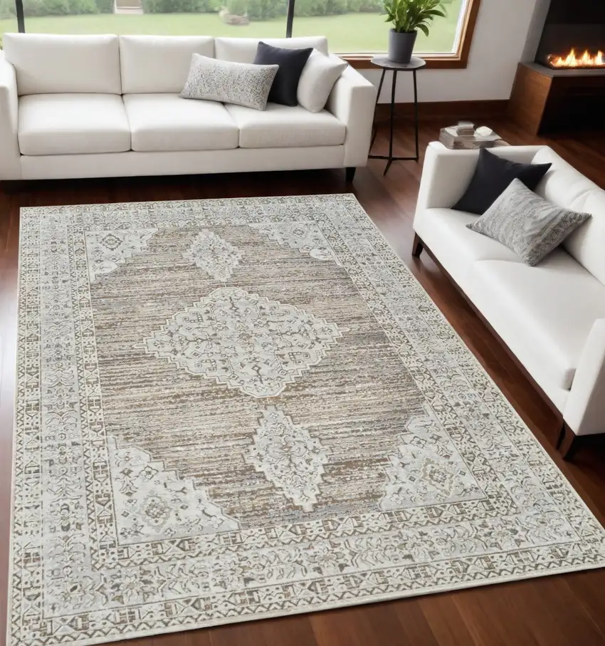 Beige and Brown Abstract Distressed Area Rug Photo 1