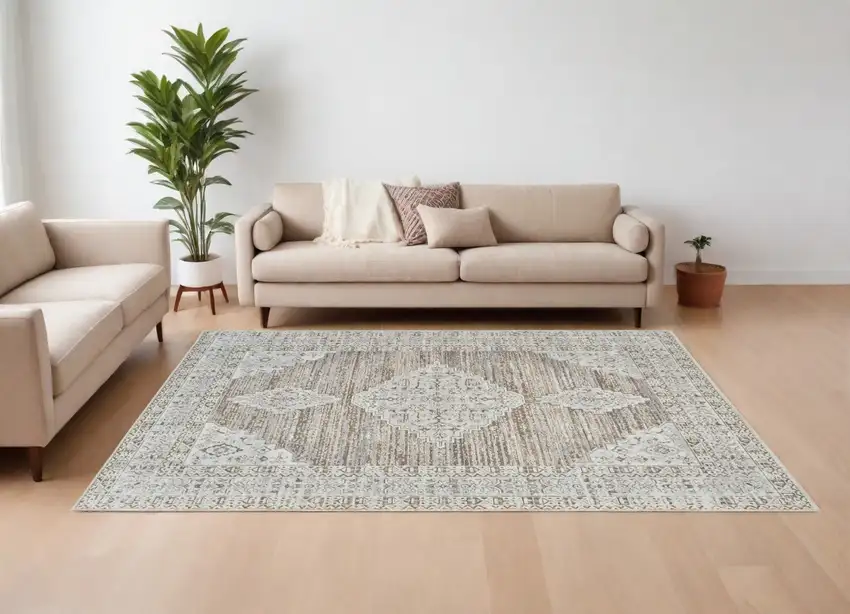 Beige and Brown Abstract Distressed Area Rug Photo 1