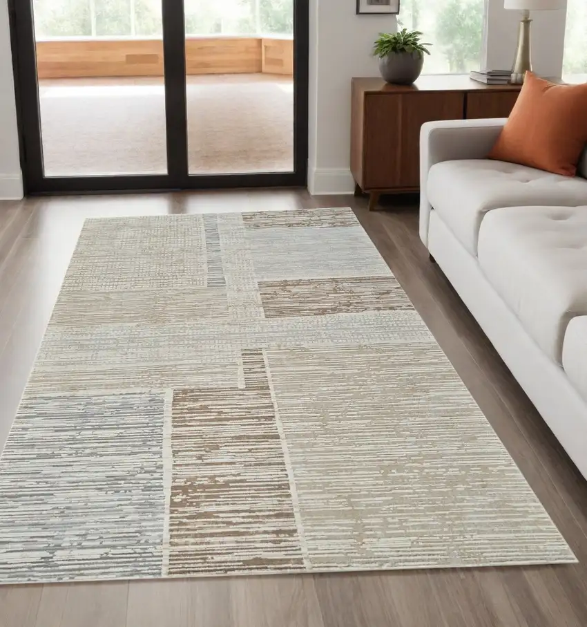 Beige and Brown Abstract Distressed Area Rug Photo 1