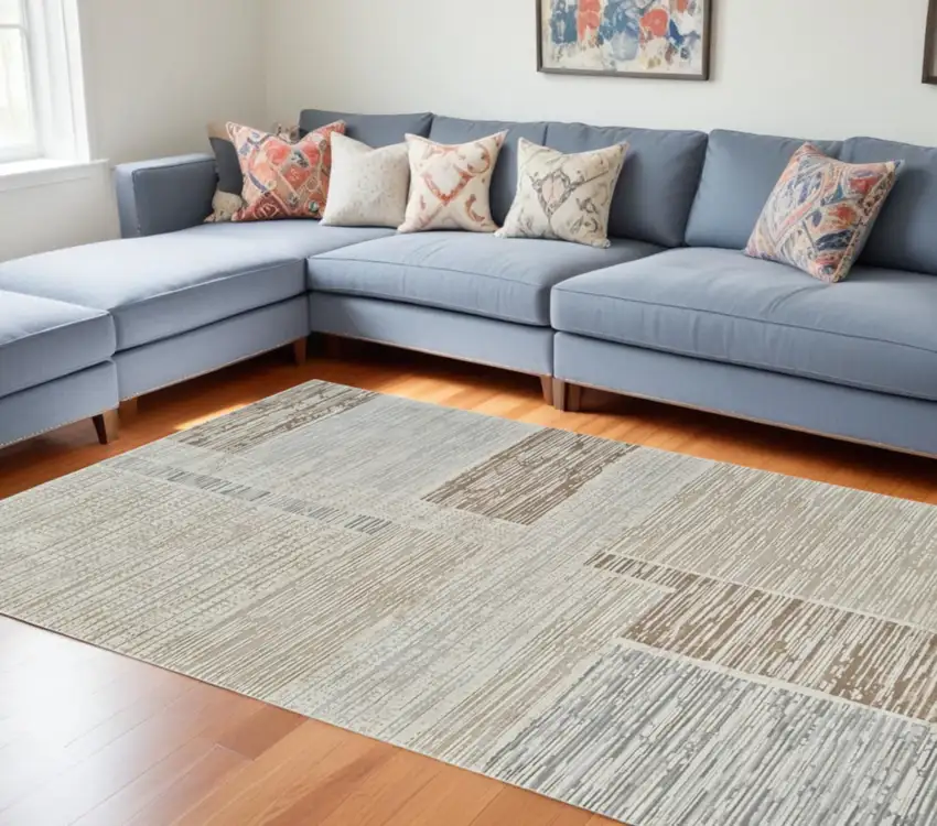 Beige and Brown Abstract Distressed Area Rug Photo 2