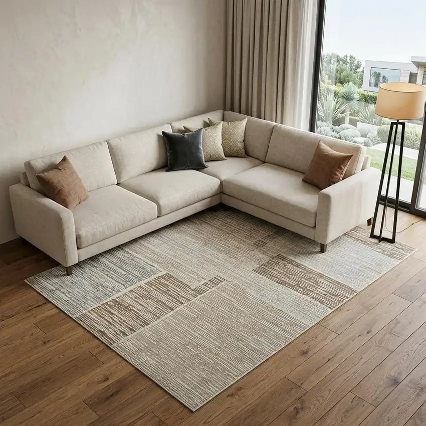 Beige and Brown Abstract Distressed Area Rug Photo 1