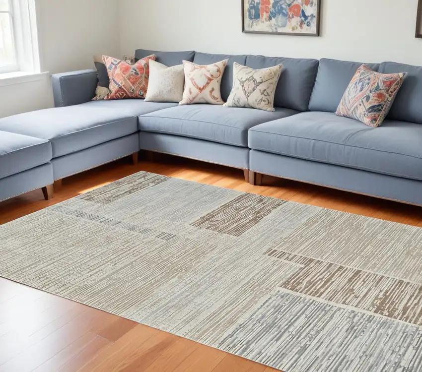 Beige and Brown Abstract Distressed Area Rug Photo 1