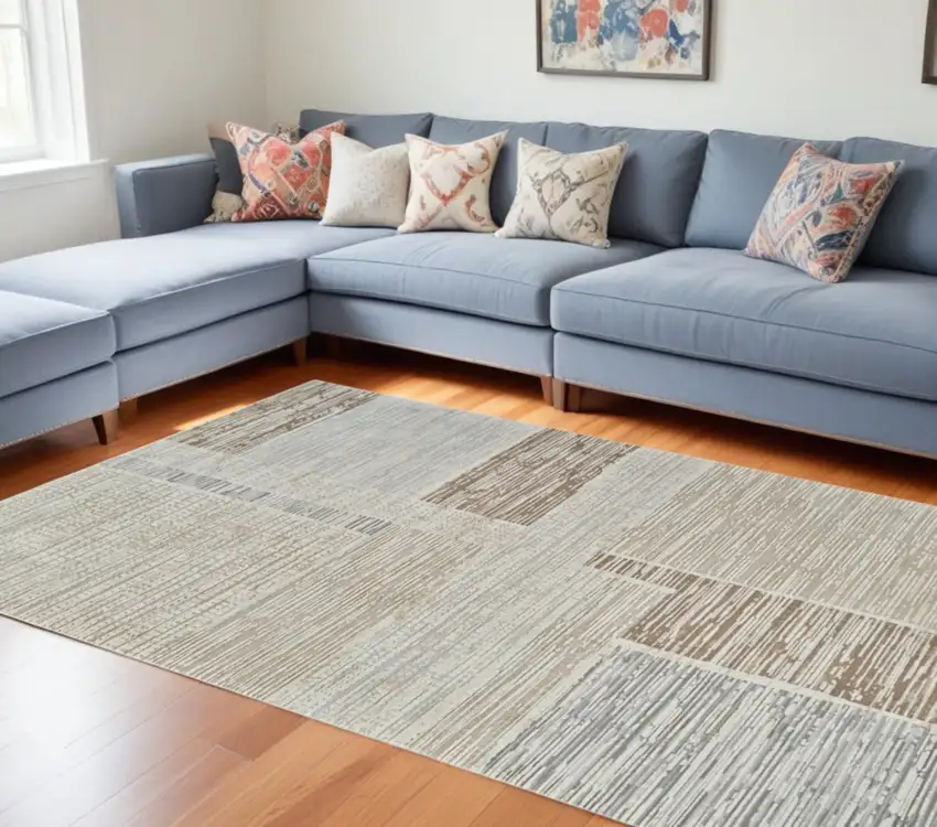 Beige and Brown Abstract Distressed Area Rug Photo 2
