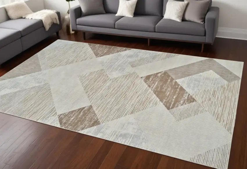 Beige and Brown Abstract Distressed Area Rug Photo 2