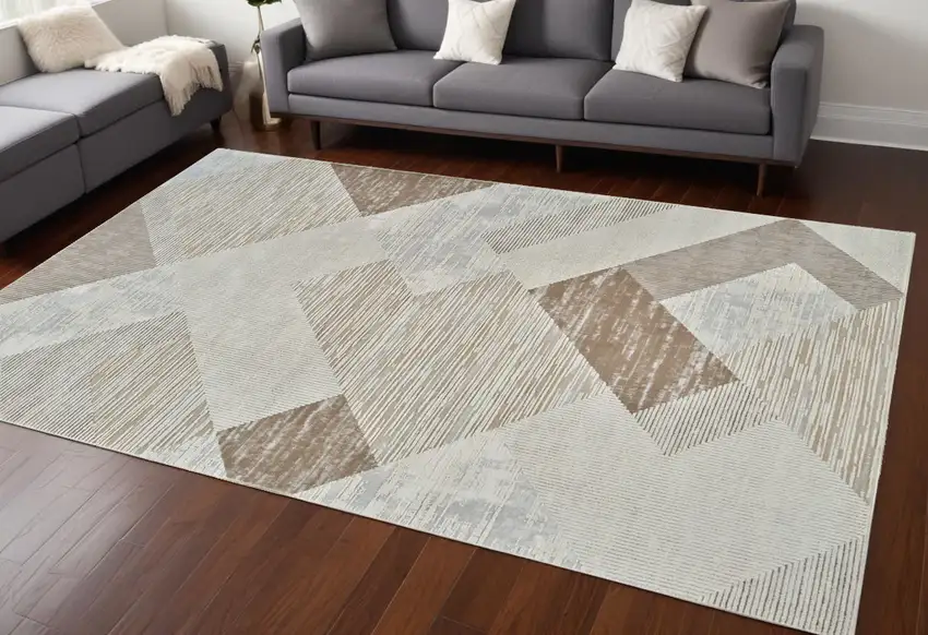 Beige and Brown Abstract Distressed Area Rug Photo 1
